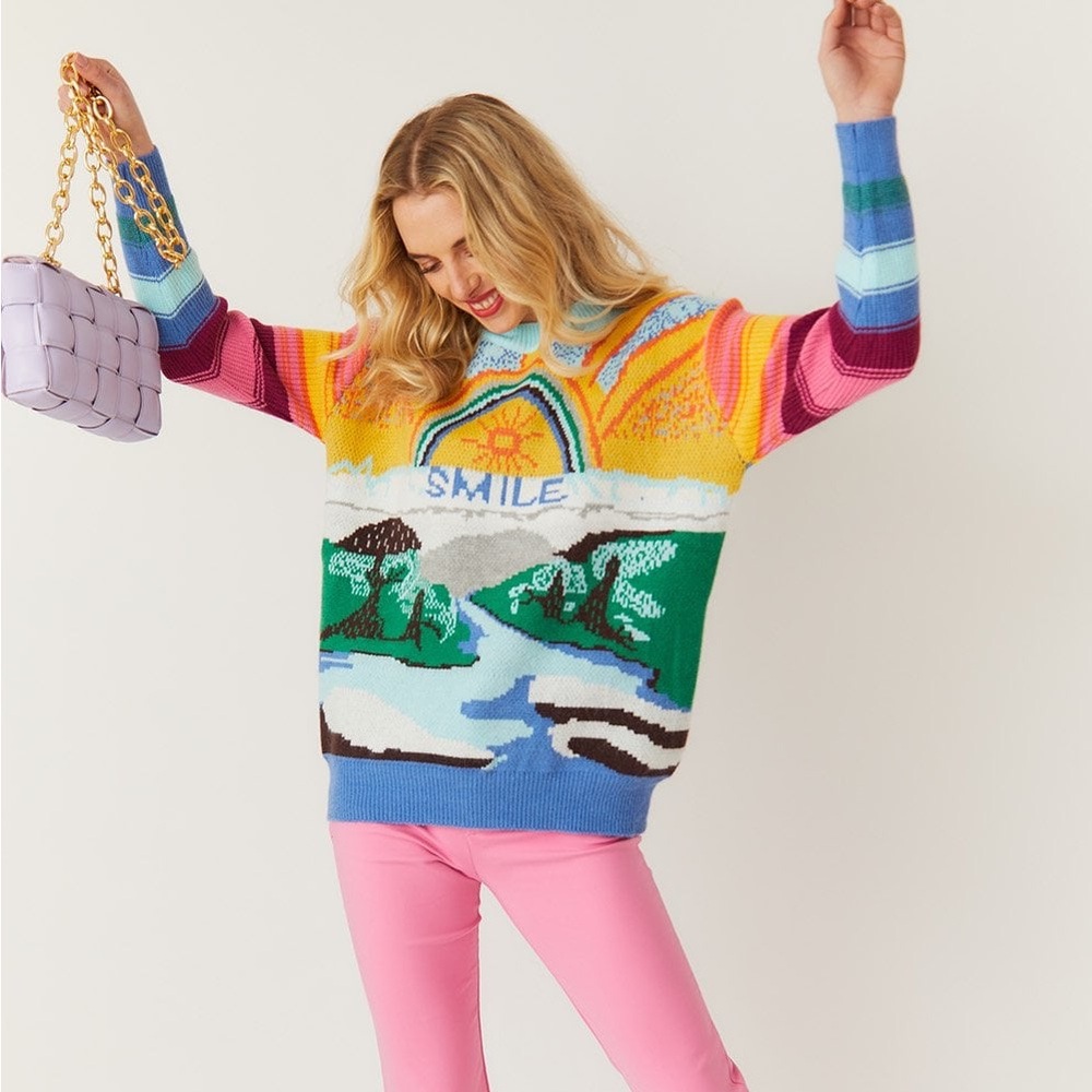 Cashmere Blend Crewneck Colorful Statement Sunshine Smile Sweater Size M Jayley